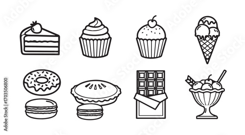 Collection of delicious desserts and sweets in a hand drawn silhouette style