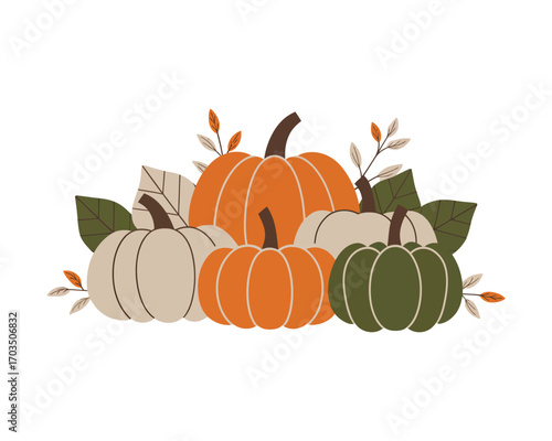 A charming flat vector illustration of a collection of pumpkins in various colors, adorned with autumn leaves for the fall harvest season