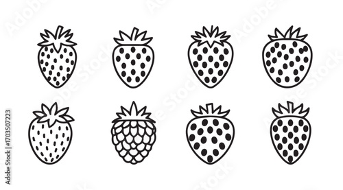 Collection of eight hand drawn strawberry silhouettes with seed details