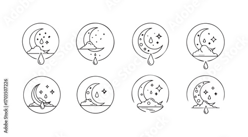 Collection of oval celestial moon and star illustrations silhouette