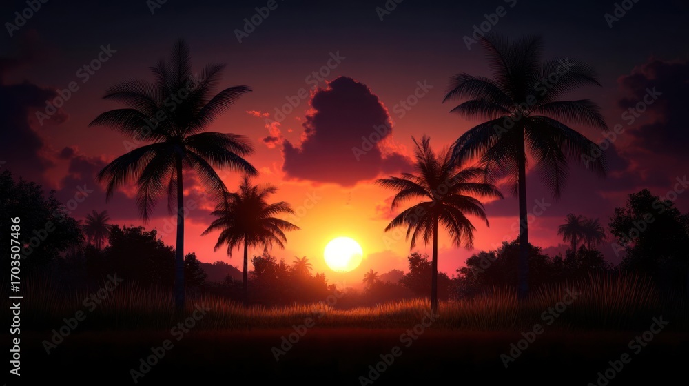 Naklejka premium Serene tropical sunset with silhouetted palm trees against a vibrant orange sky