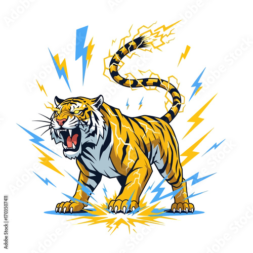 An electrifying illustration of a roaring tiger with bolts of lightning