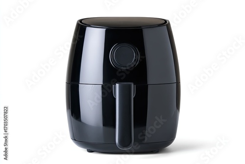 Sleek black air fryer with a rounded body, a small control button, and a prominent handle