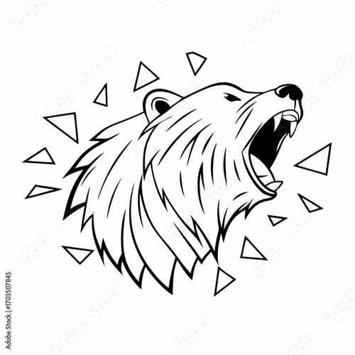 Minimilist roaring bear head outlined with geometric triangles surrounding it in a modern minimalist design style vector