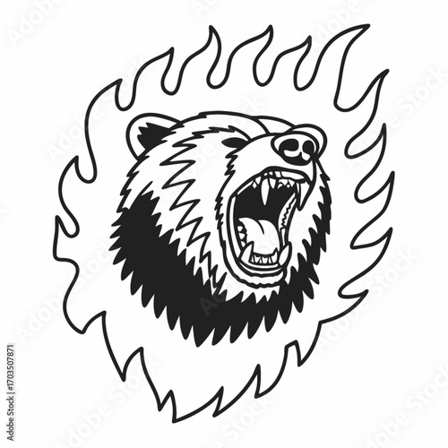 Minimilist illustration of a roaring bear head surrounded by flames in a black and white outline style design vector