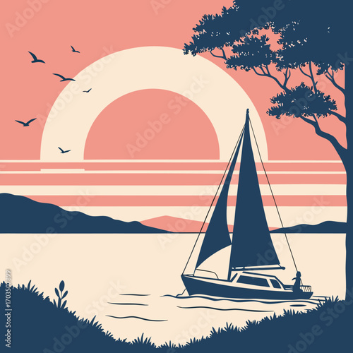 Minimalist silhouette of a sailboat on the ocean at sunset with vibrant sky colors