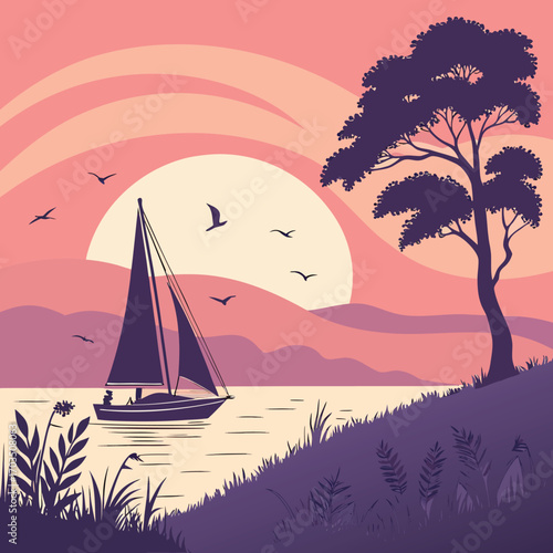 Minimalist silhouette of a sailboat on a vibrant sunset over the ocean