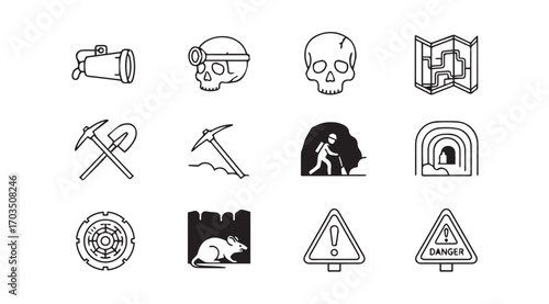 Collection of hand drawn icons representing adventure and danger silhouette