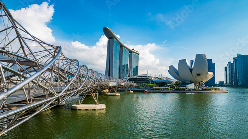 Photography Aerial view of Singapore Marina Bay with iconic skyscrapers, Marina Bay Sands, and the financial district, symbolizing global economy, ESG, inflation impact, and sustainable growth