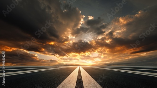 The road stretches straight to the distant horizon, with the sky in the background providing ample whitespace for text or design elements, showcasing a spacious and expansive roadside scene.