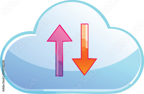 A glossy cloud icon with upload and download arrows. A symbol for cloud computing, data storage, file transfer, and online backup services. Generative AI