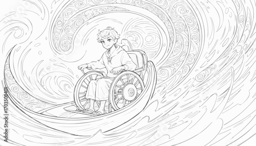 Coloring page of a girl in a wheelchair gliding through swirling waves of colors

