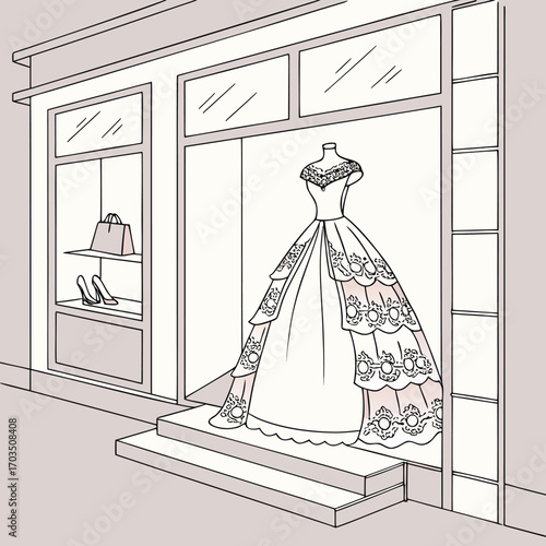 Elegant evening gown illustration with flowing fabric and intricate details perfect for fashion design and editorial use