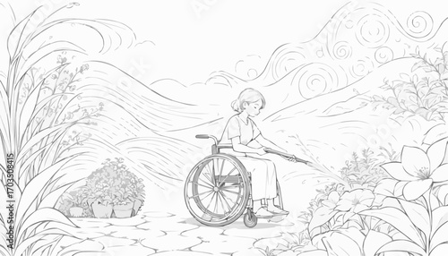 Coloring page of a woman in a wheelchair gardening and enjoying the beauty of nature