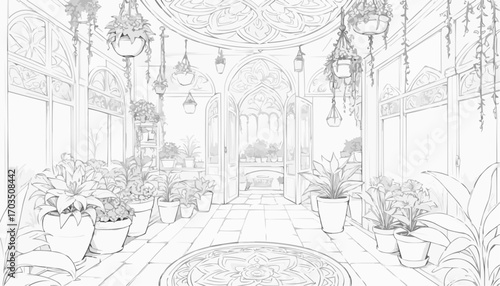 Coloring page of a beautiful greenhouse filled with flowering plants and decorative elements