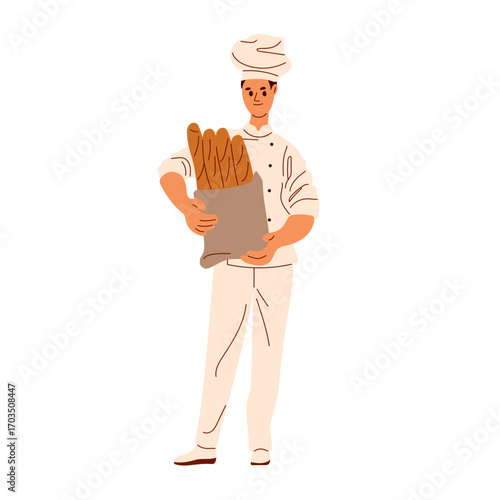 Chef in uniform standing tall and holding paper bag with long French loaves, baguettes. Bakery products. Flat vector illustration isolated on white background. Bakery and cooking.