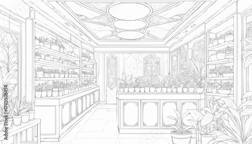 Coloring page of an elegant indoor plant shop with beautifully arranged pots and shelves
