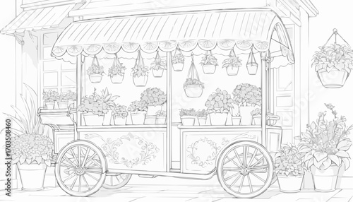 Coloring page of a charming flower cart filled with plants and flowers in decorative pots