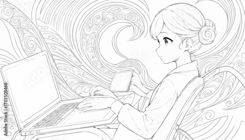 Coloring page of a young woman working on a laptop surrounded by flowing decorative patterns