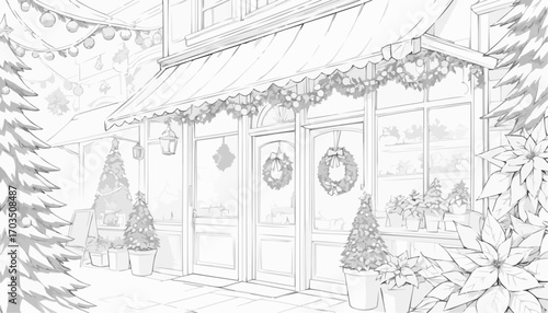 Coloring page of a charming holiday-themed shop decorated with wreaths and plants