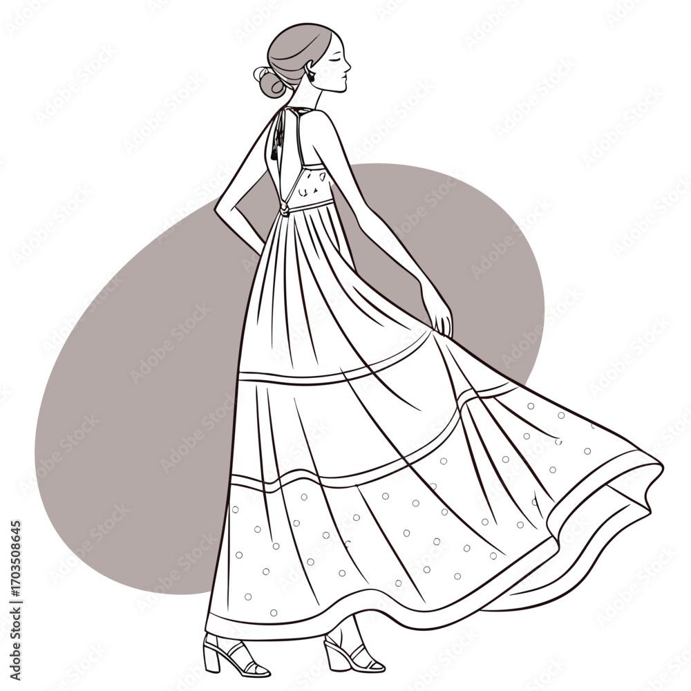 Fototapeta premium Fashionable young woman in a flowing maxi dress depicted in a stylish vector sketch with vibrant color accents