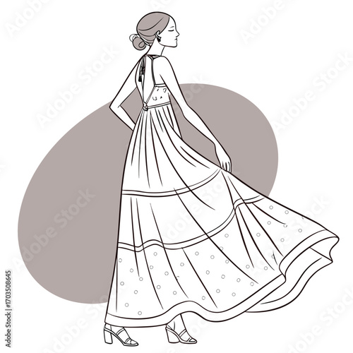Fashionable young woman in a flowing maxi dress depicted in a stylish vector sketch with vibrant color accents
