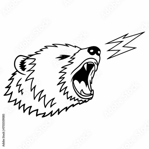Minimilist illustration of a roaring bear head with sharp teeth and a lightning bolt on a white background design vector