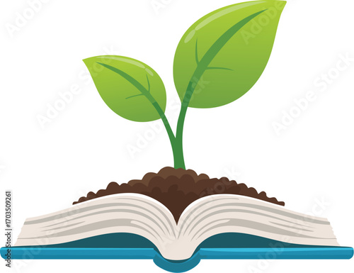 A green plant sprout growing from an open book. A powerful vector concept for education, knowledge, learning, personal growth, and wisdom. Generative AI