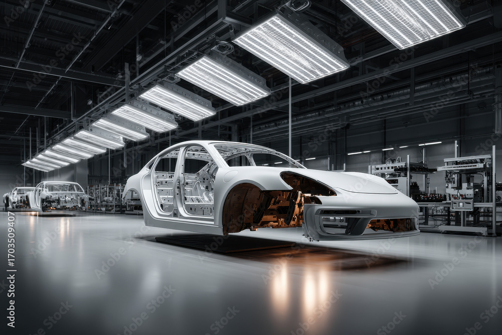 Obraz premium futuristic robotic factory assembles zeroemission electric vehicles highlighting advanced technology