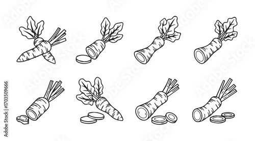Collection of root vegetable silhouettes with leafy tops and sliced pieces