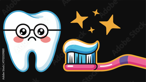 Sad Cartoon Tooth Wearing Glasses Next to a Toothbrush with Toothpaste and Sparkles teeth dental