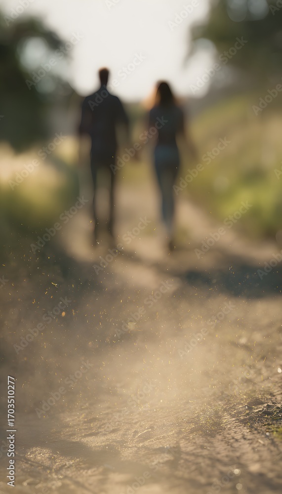 Fototapeta premium Couple walking on rural path under soft sunlight