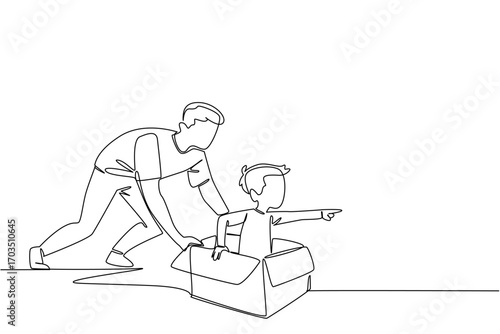 Single one line drawing boy is in a cardboard box and pushed by his father. The best way to bond is to spend free time together. International Day of Boys. Continuous line design graphic illustration