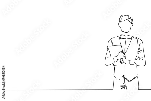 Single continuous line drawing a waiter crosses his arms in front of his chest while carrying a menu. Bringing menu list. Catalog. Servant. National Waiters Day. One line design vector illustration