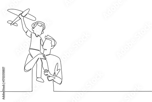 Single one line drawing father carrying his son on his shoulders and the child holding a toy airplane. Keeping ideals high. International Day of Boys. Continuous line design graphic illustration