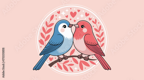 Two Cute Love Birds on a Branch with Hearts and Leaves couple romance