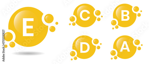 Vitamin E, A, C, D, B complex with drop bubbles icon vector. Vitamin E, A, C, D, B shining pill, capsule icon. Vitamin icon in flat style. Vector illustration.