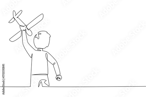 Single one line drawing rear view, boy running while holding toy airplane raised up. The fun of a holiday with new toys. Flight. International Day of Boys. Continuous line design graphic illustration