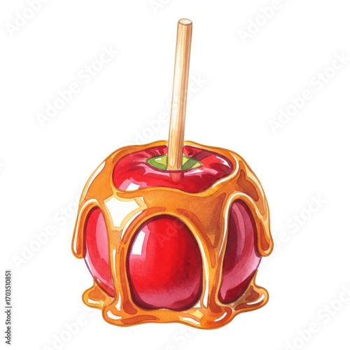 Watercolor Illustration of a Red Apple Covered in Golden Caramel with Wooden Stick