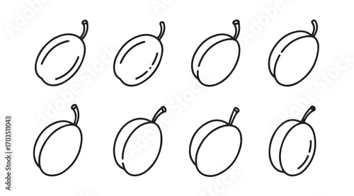 Eight hand drawn outline illustrations of plums in silhouette