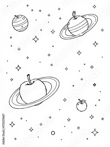 Minimilist apples as planets floating in space with stars and dots in a black and white coloring page style image vector
