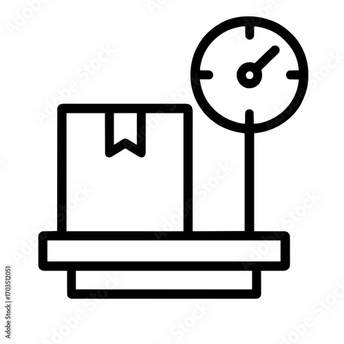 Black outline icon of package on weighing scale with circular dial, symbolizing parcel weight measurement. Minimal, modern design for shipping, logistics, delivery, and inventory management concepts.