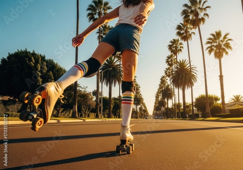 Retro roller skating girl on a street with palm trees at golden hour