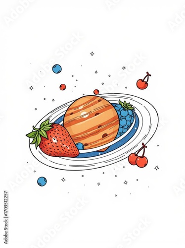 Minimilist a whimsical illustration of a fruit planet with rings made of berries and a strawberry nearby vector
