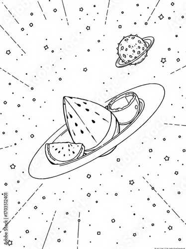 Minimilist watermelon and tea cup on a plate surrounded by stars and a planet in a space themed coloring page vector
