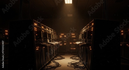 Dark vintage mainframe computer server room with glowing lights