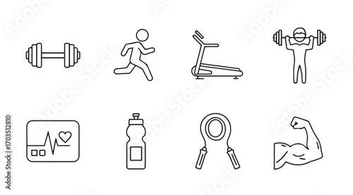 Collection of fitness and exercise icons in a minimalist silhouette style