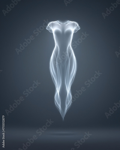 A woman's silhouette is shown in a blurry, ghostly light. The dress is white and the woman's body is outlined in a blue hue. The image has a dreamy, ethereal quality to it