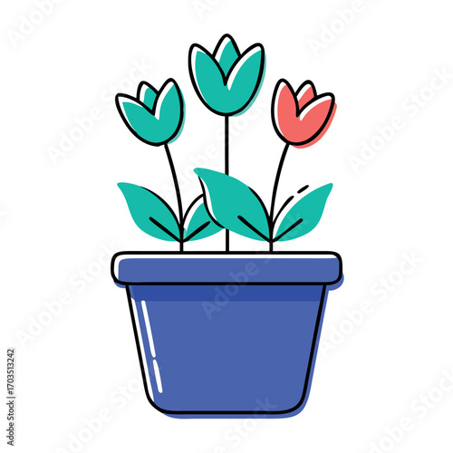 Charming Potted Tulips Blooming with Vibrant Colors A Cheerful Botanical Illustration Bringing Spring Indoors