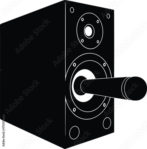 Black Vector Illustration of Loudspeaker with Microphone Coming Out Conceptual Design for Music, Sound System, Audio Communication, or Broadcasting